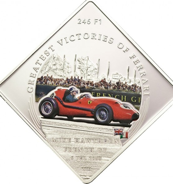 Greatest Victories of Ferrari 246 F1 Mike Hawthorn French GP 1958 Bolaffi Medal / Coin