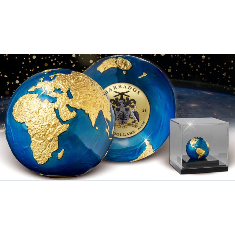 BLUE MARBLE AT NIGHT PLANET EARTH GOLD PLATED 3 OZ 5 DOLLARS BARBADOS 2021