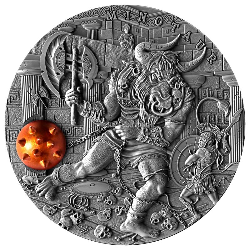 Ancient Myths: Minotaur – Niue – 2017 – 5 Dollars – 2 oz silver coin with brass weapon